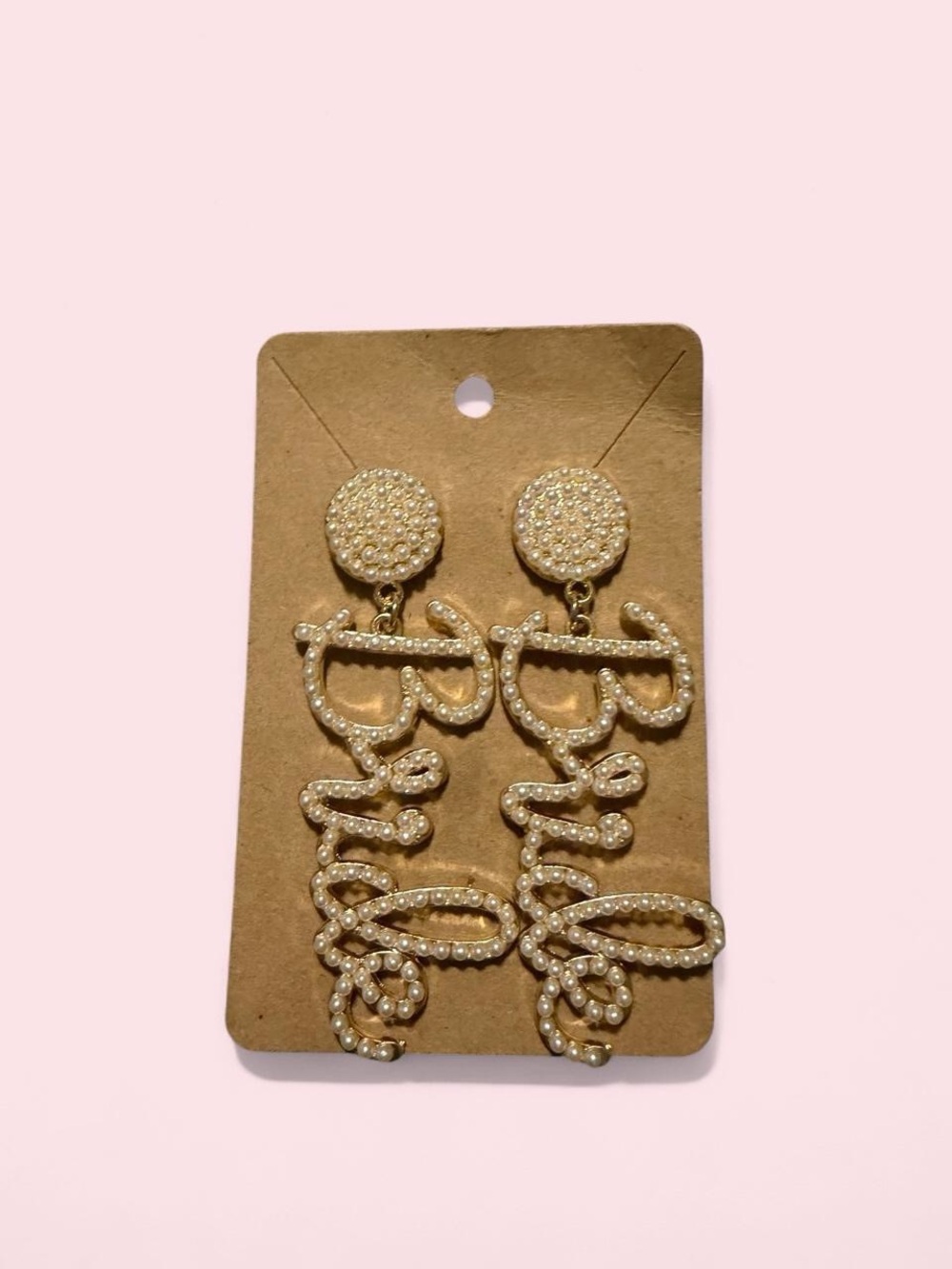 Boutique Pearl-Embellished Gold 'Bride' Script Drop Earrings